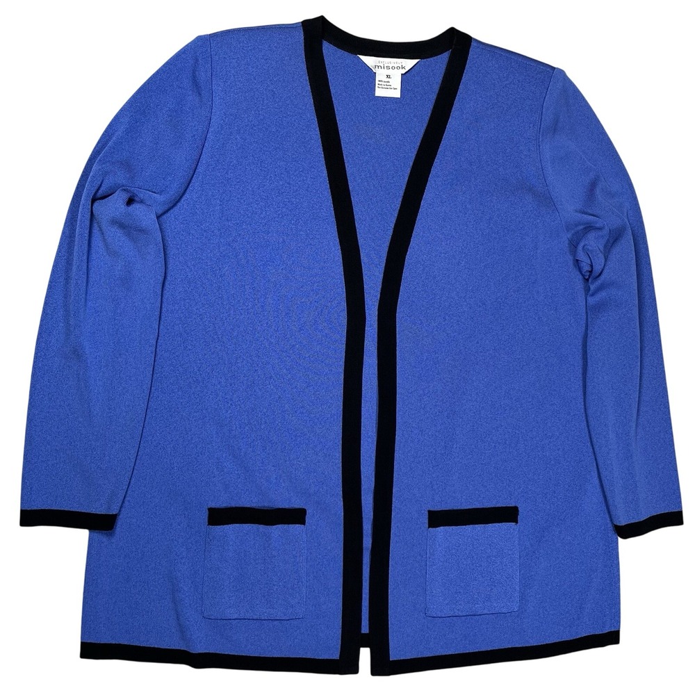 Misook Women's Blue Open Front Knit Cardigan Sz XL Black Trim Office Academia